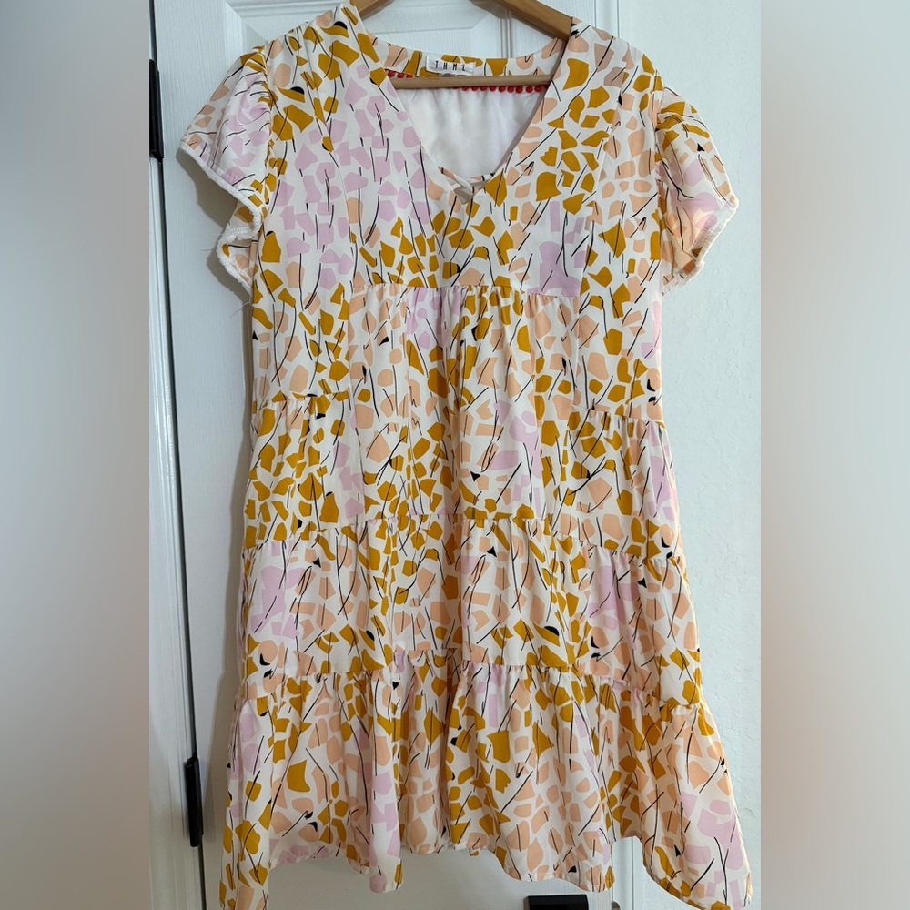 THML Midi Dress with Pink and Yellow Design